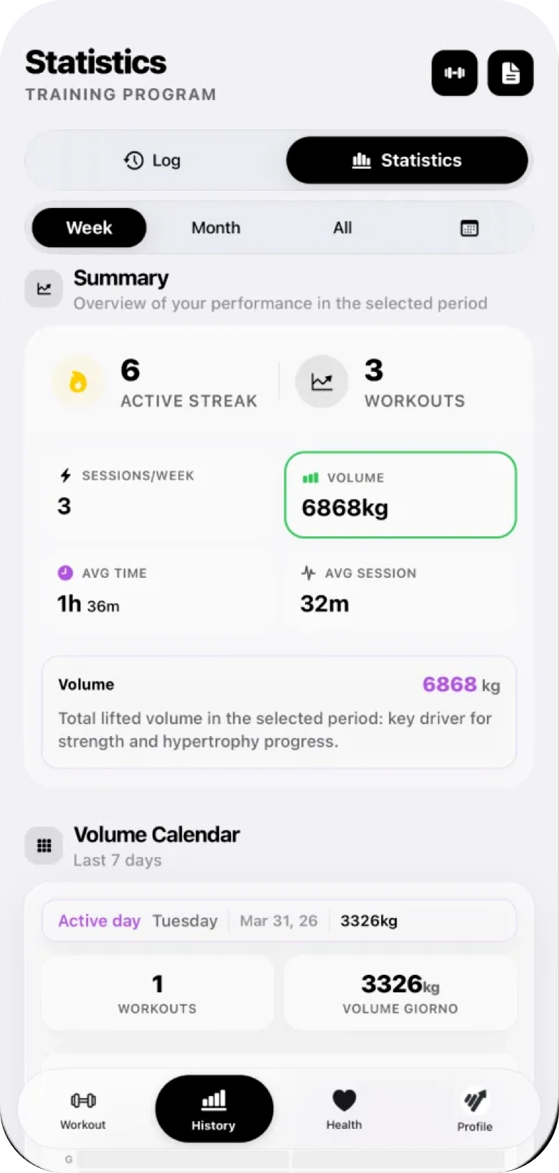 GymTracker: progress stats and volume calendar