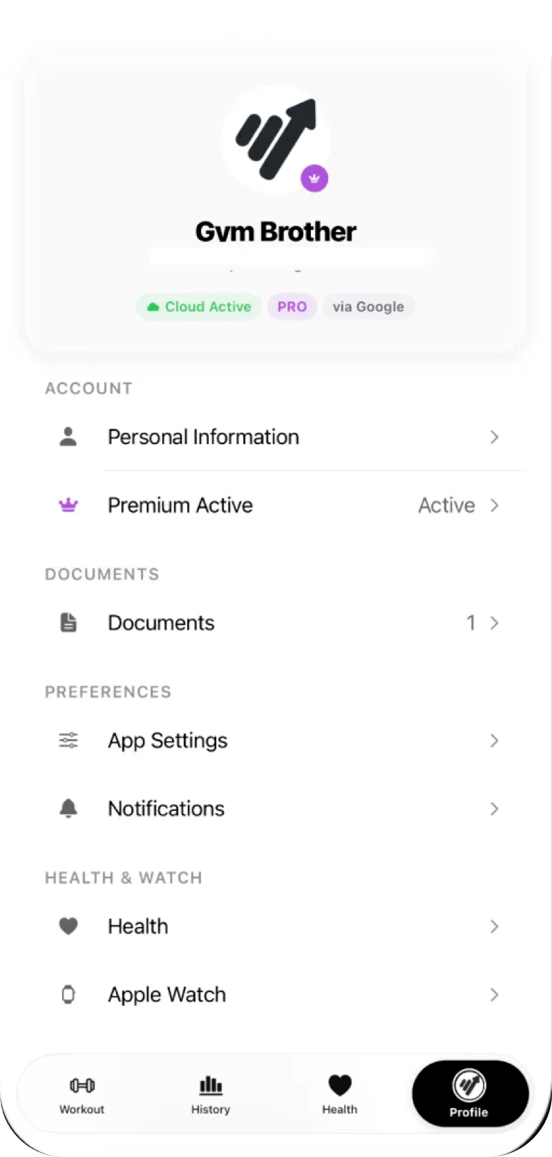 GymTracker screenshot: profile and account settings