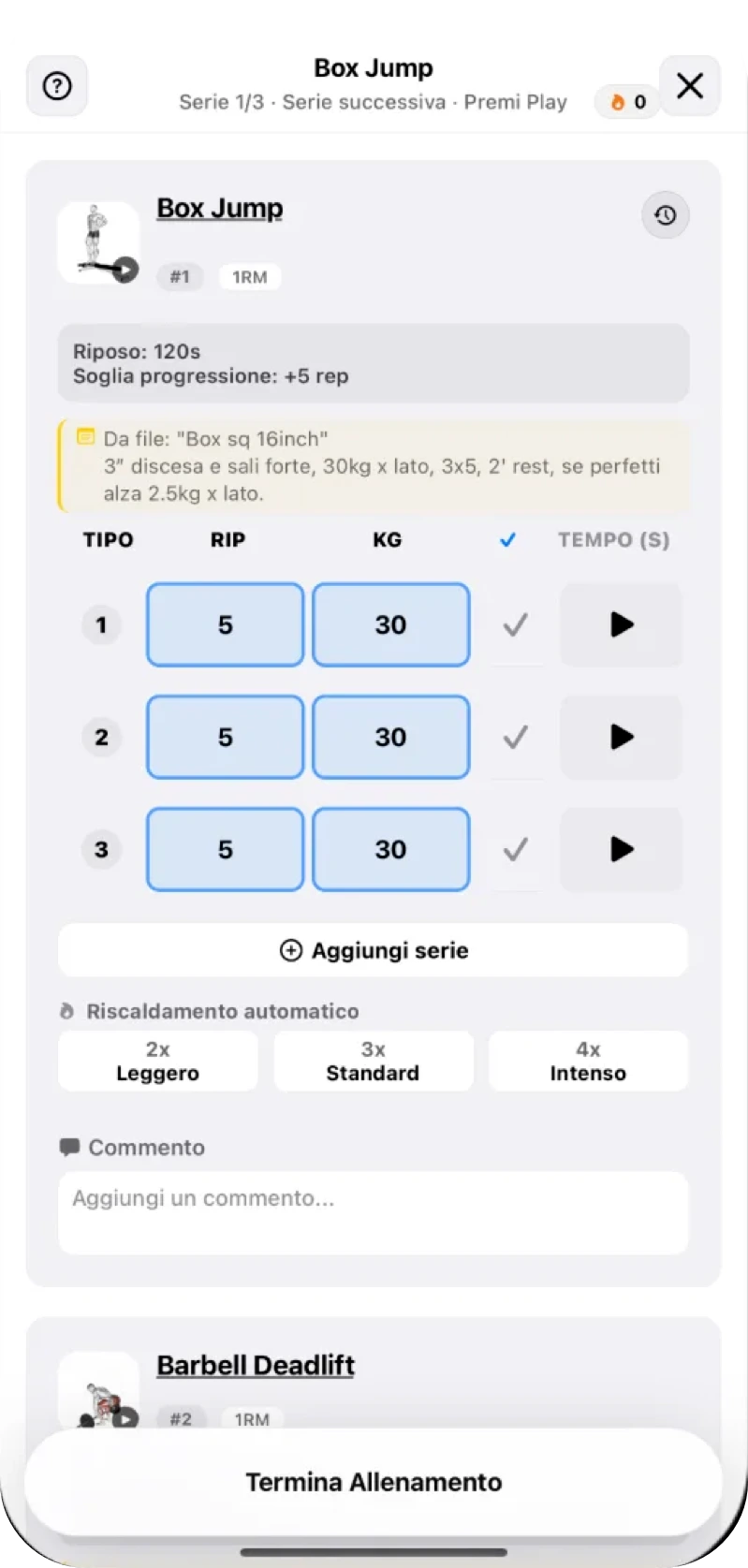 GymTracker: registrazione di una serie durante l’allenamento